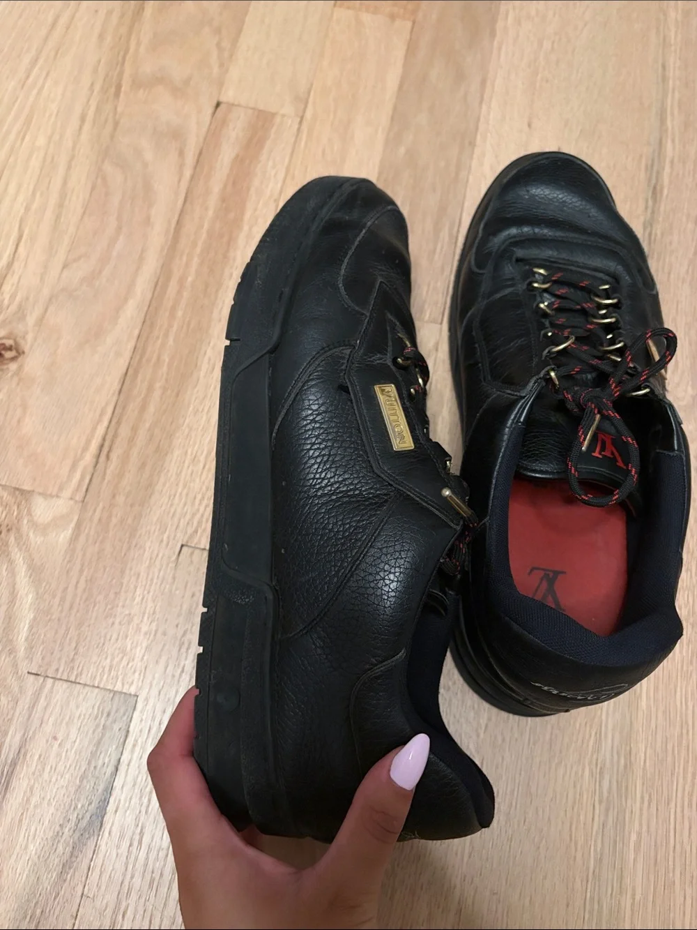 Louis Vuitton Black Leather Men's Sneakers with Red Insoles and Gold Accents